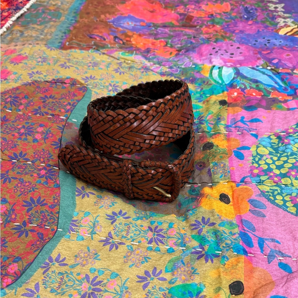 Vintage Woven Leather Belt Western Chunky Buckle Size L Coastal Boho Chic Beach - Picture 11 of 11